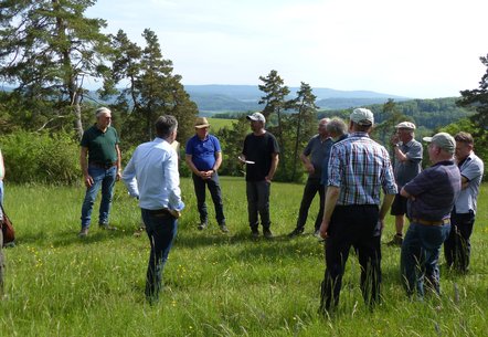 Vorstandschaft und Fachbeirat hören aufmerksam dem Bewirtschafter des artenreichen Grünlands in Küssaberg zu