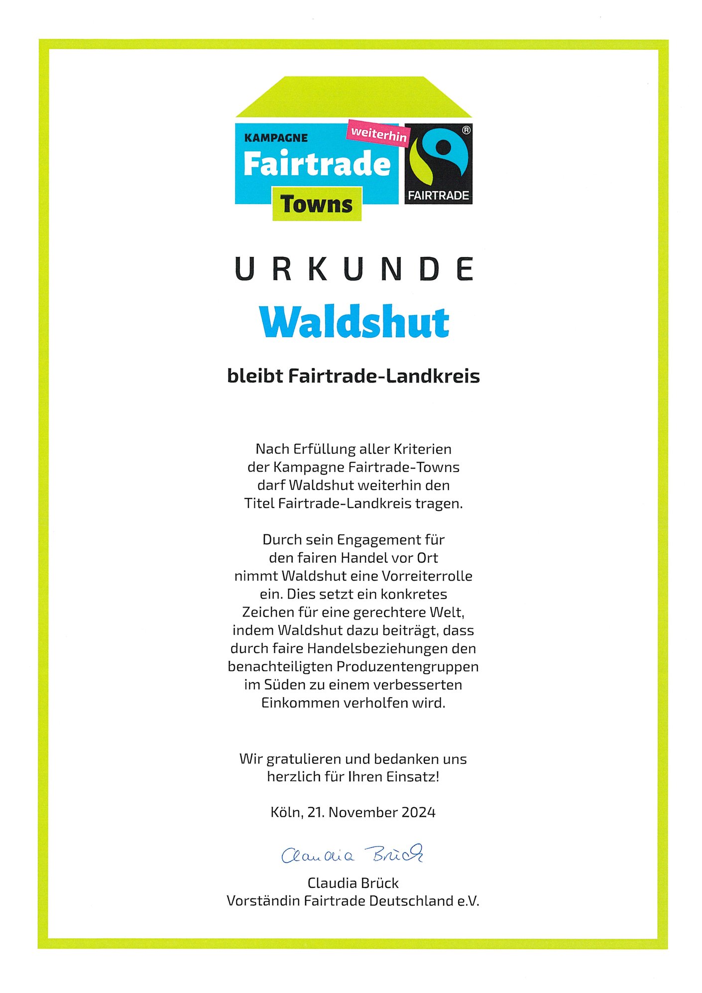 Urkunde 2024: Fairtrade Landkreis Waldshut