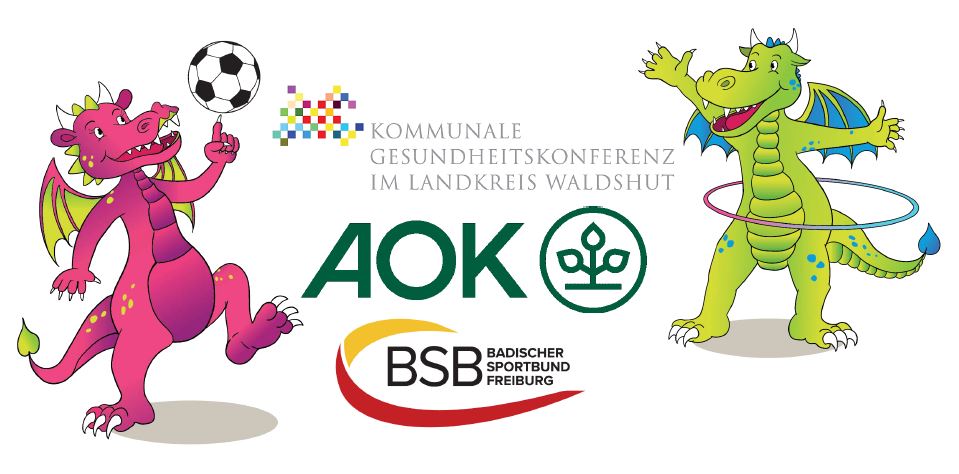 Logo Bewegungspass spielende farbige Comicdrachen